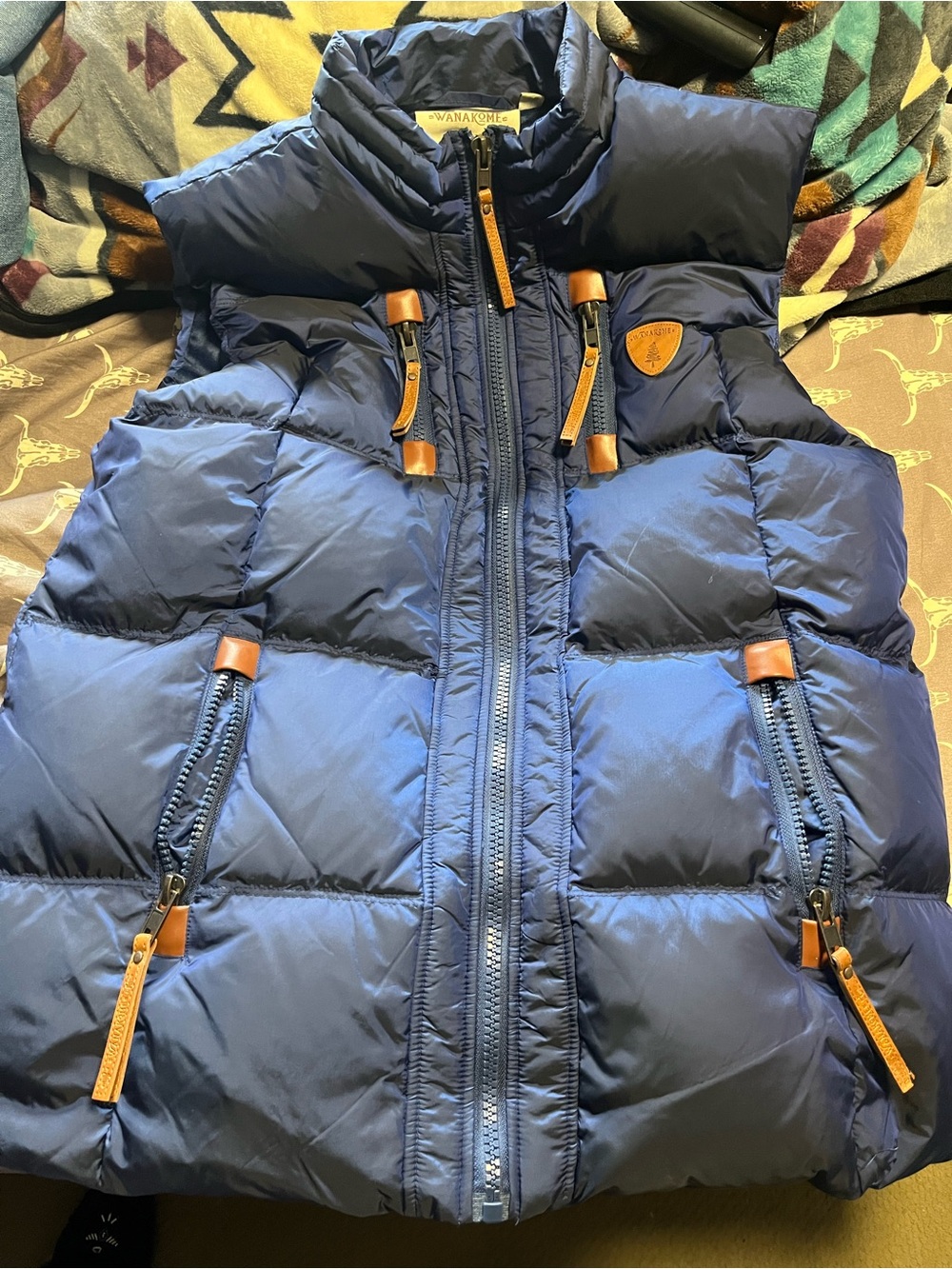 Wanakome Navy Blue Puffer Vest with Brown Accents